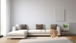 © NUSRAT ART - A minimalist living room in shades of white and light gray, featuring a low-profile white sectional sofa and a blank white frame mockup leaning against the wall.
