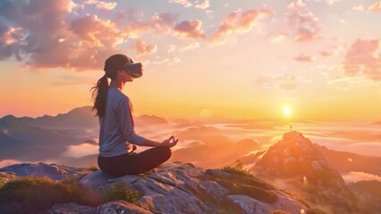 Wall Mural - A woman meditates while wearing a VR headset on a mountain peak at dawn, blending technology and nature for a unique immersive experience.