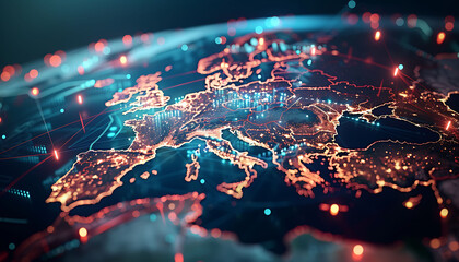 Poster - Digital globe centered on Europe with glowing lights and connecting lines, symbolizing data transfer, cyber technology, and global network connectivity