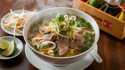 A mouth-watering food photography of a traditional Vietnamese Pho dish