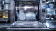 © horizon - A commercial kitchen dishwasher machine with its door open, displaying clean plates and cutlery, highlighting the role of industrial cleaning equipment in food service settings.