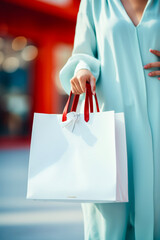 Poster - Woman in blue dress holding white bag with red handles.