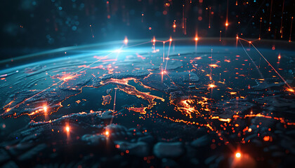 Poster - Futuristic digital globe focused on Europe, showcasing bright lights and lines representing data exchange and connectivity, highlighting advanced cyber technology