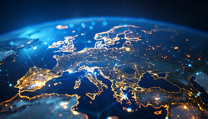 Poster - Futuristic digital globe focused on Europe, showcasing bright lights and lines representing data exchange and connectivity, highlighting advanced cyber technology
