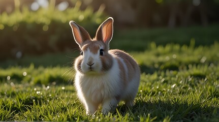 Cute fluffy little rabbit on a meadow grass field in.generative.ai