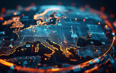 Poster - Digital globe centered on Europe with glowing points and lines illustrating global network connectivity and data transfer, capturing cyber technology and information exchange