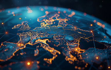 Poster - Digital globe centered on Europe with glowing points and lines illustrating global network connectivity and data transfer, capturing cyber technology and information exchange