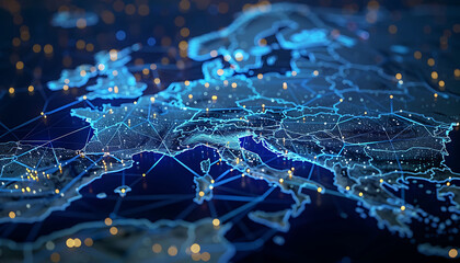 Poster - Advanced digital globe focusing on Europe, featuring illuminated lines and points representing global network connections and data transfer, emphasizing cyber technology