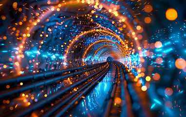 Aufkleber - Futuristic digital scene depicting rapid data transfer and connectivity, with a tunnel of blue and orange lights conveying the motion and speed of cyber technology
