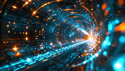 Poster - Abstract visual of high-speed broadband connectivity, showcasing a dynamic tunnel of blue and orange lights, representing the rapid flow of data and advanced digital technology