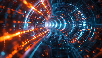 Poster - Abstract visual of high-speed broadband connectivity, showcasing a dynamic tunnel of blue and orange lights, representing the rapid flow of data and advanced digital technology
