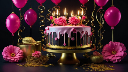Wall Mural - 3D rendering of birthday cake with candles, balloons, bright lights bokeh and balloons


