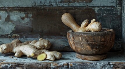 Fresh ginger and a wooden mortar and pestle on a vintage table, earthy tones