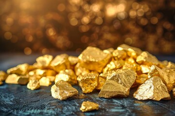 Wall Mural - A pile of gold rocks on a table