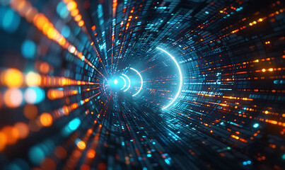 Aufkleber - Vivid abstract depiction of a digital data tunnel, with bright blue and orange lights creating a sense of motion and high-speed connectivity, highlighting futuristic cyber technology