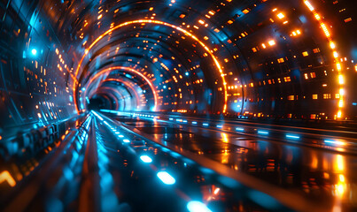 Poster - Abstract and futuristic image representing global data exchange, featuring a tunnel-like effect with vibrant blue and orange lights, emphasizing high-speed data transfer and advanced technology