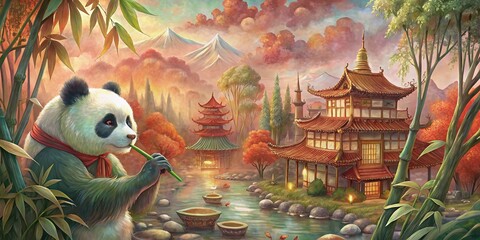 traditional asian painted landscape, panda, bamboo, temple, mountains and water