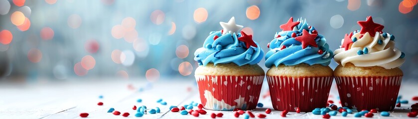 Colorful patriotic cupcakes with red, white, and blue star sprinkles, perfect for celebrating national holidays and festive occasions.