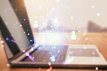 Wall Mural - social network media concept with world map and modern computer on background. double exposure