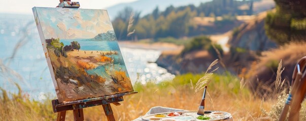 Artists painting a landscape en plein air, easels set up, beautiful scenery, creative process, sunny day, focused and inspired, art in nature, copy space.