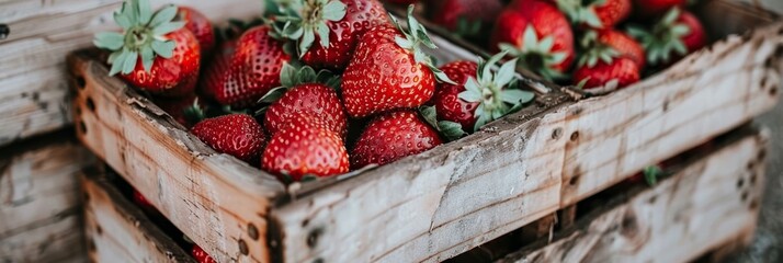Wall Mural - Rustic setting  juicy strawberries in wooden crates under soft natural light for food advertisement