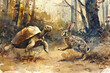 © WaxWing_Ai - A tortoise and a hare compete in speed, running through the forest, watercolor drawing