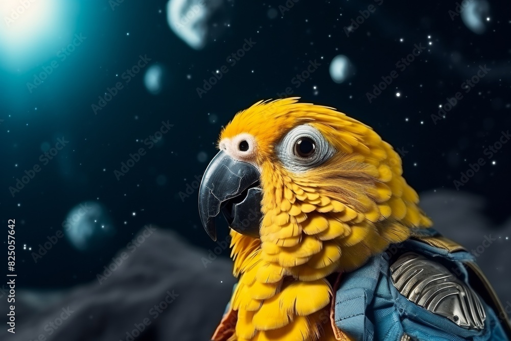 Vibrant yellow parrot in a space suit with dark, starry background and ...