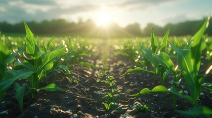 Sunrise Over Young Cornfield - Dawn's Early Light on Crop Rows