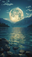 a beautiful landscape with a full moon rising over the mountains and reflecting on the lake