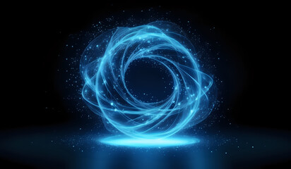 Wall Mural - A ring of blue neon energy waves on a dark background with magical sparks