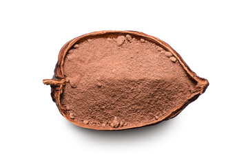 Canvas Print - Cocoa powder in cocoa pod half sliced isolated on white background with clipping pat, top view, flat lay.
