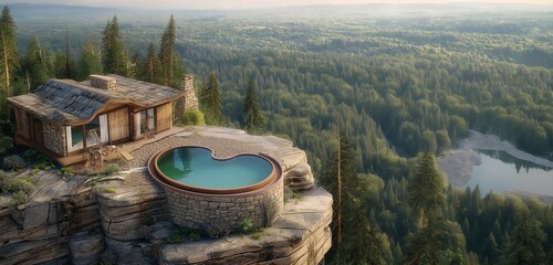 Wall Mural - A luxury cabin with a heart-shaped swimming pool on the edge of a cliff overlooking a vast forested valley. 