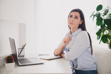 Sticker - Portrait of pretty lady laptop hold pencil brainstorm desktop white interior home office indoors