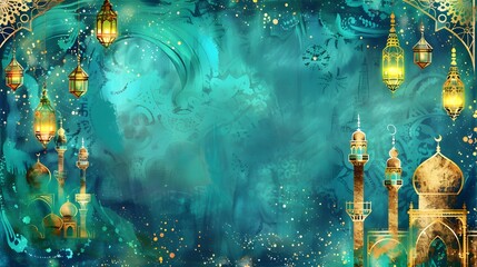 Wall Mural - Enchanting Eid al Adha Doodle Border with Mosques Lanterns and Sheep