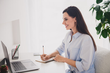 Wall Mural - Portrait of pretty lady watch video laptop take notes desktop white interior home office indoors