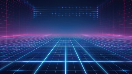 Perspective blue grid background. Abstract futuristic grid 1980s style. Vector illustration.