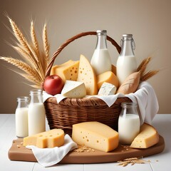 Wall Mural - a wicker basket full of cheese, bottle of milk and wheat on a white background vivid colors