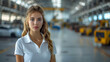 © visoot - Young woman in white polo shirt at automobile production hall. Generative AI.