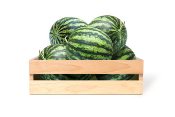 Wall Mural - Watermelon in wooden box isolated on white background.