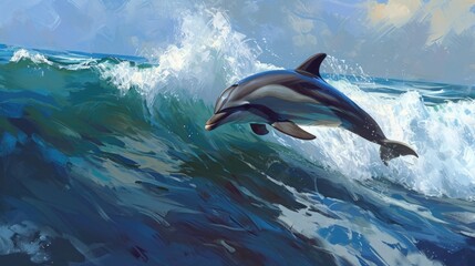 Wall Mural - A dolphin is leaping out of the water in a wave. The painting captures the beauty and grace of the dolphin as it soars through the air. The ocean background adds a sense of depth