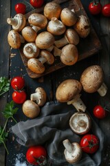 Wall Mural - A bunch of mushrooms and tomatoes on a wooden table