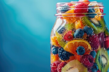 Canvas Print - A jar filled with a variety of fruits including oranges, kiwis, and blueberries. The jar is filled with a bubbly liquid, giving it a refreshing and healthy appearance