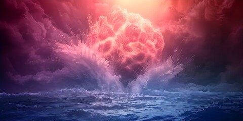 Underwater nuclear detonation creates fiery mushroom cloud in digital rendering. Concept Nuclear Explosion, Mushroom Cloud, Underwater Detonation, Fiery Blast, Digital Rendering