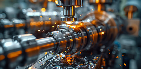 Fototapete - High-tech CNC machine at work in a subtly lit industrial environment. Generative AI.