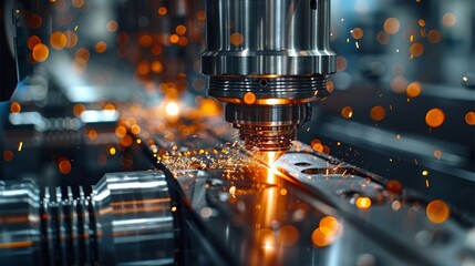 Fototapete - High-tech CNC machine at work in a subtly lit industrial environment. Generative AI.