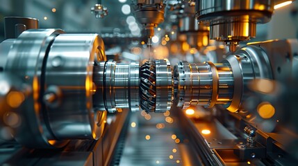 Fototapete - High-tech CNC machine at work in a subtly lit industrial environment. Generative AI.