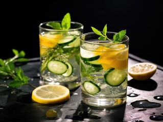 Wall Mural - Two glasses of cucumber and lemonade with a slice of lemon on the table. Scene is refreshing and light