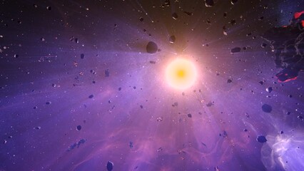 Wall Mural - asteroid rocks flying in deep space close to the sun with purple rays 3d rendering of deep space wit