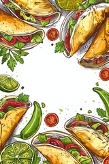 Poster - A drawing of a plate of food with a border of vegetables and a drawing of a taco