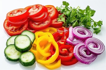 Poster - A colorful assortment of vegetables including cucumbers, tomatoes, onions, and peppers. Concept of freshness and healthiness, as the vegetables are cut into small pieces